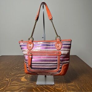 Coach Poppy Legacy Striped and Sequined, Purple, and Pink Tote with Orange Trim